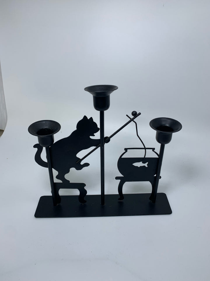 METAL 3 SLOT TAPERED CANDLE HOLDERS W/ CAT FISHING FROM FISH BOWL.