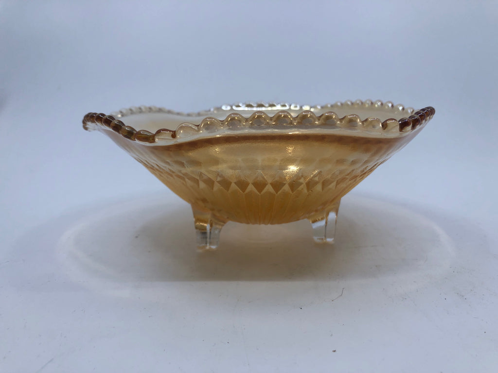 VTG FOOTED IRIDESCENT RIBBED CANDY DISH.