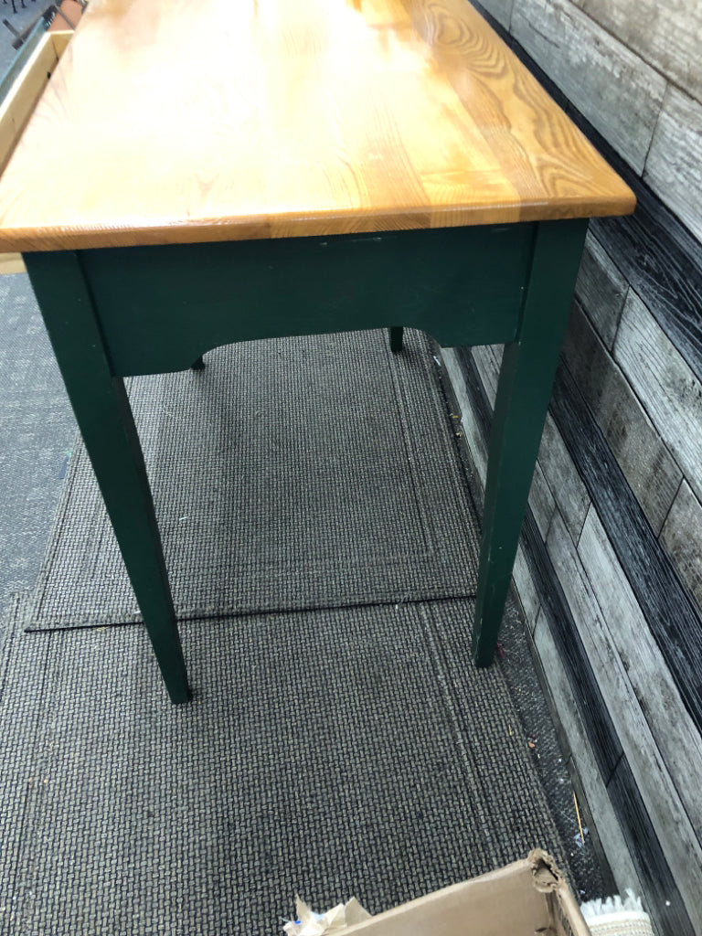 GREEN TABLE W 1 DRAWER AND WOOD TOP.