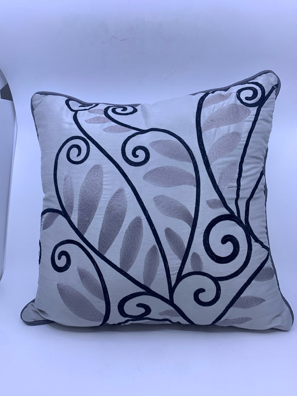 SILVER /BLACK/GRAY LEAF SWIRL ACCENT PILLOW.