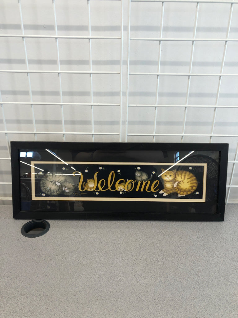 WELCOME CATS BLACK FRAMED WALL ART.