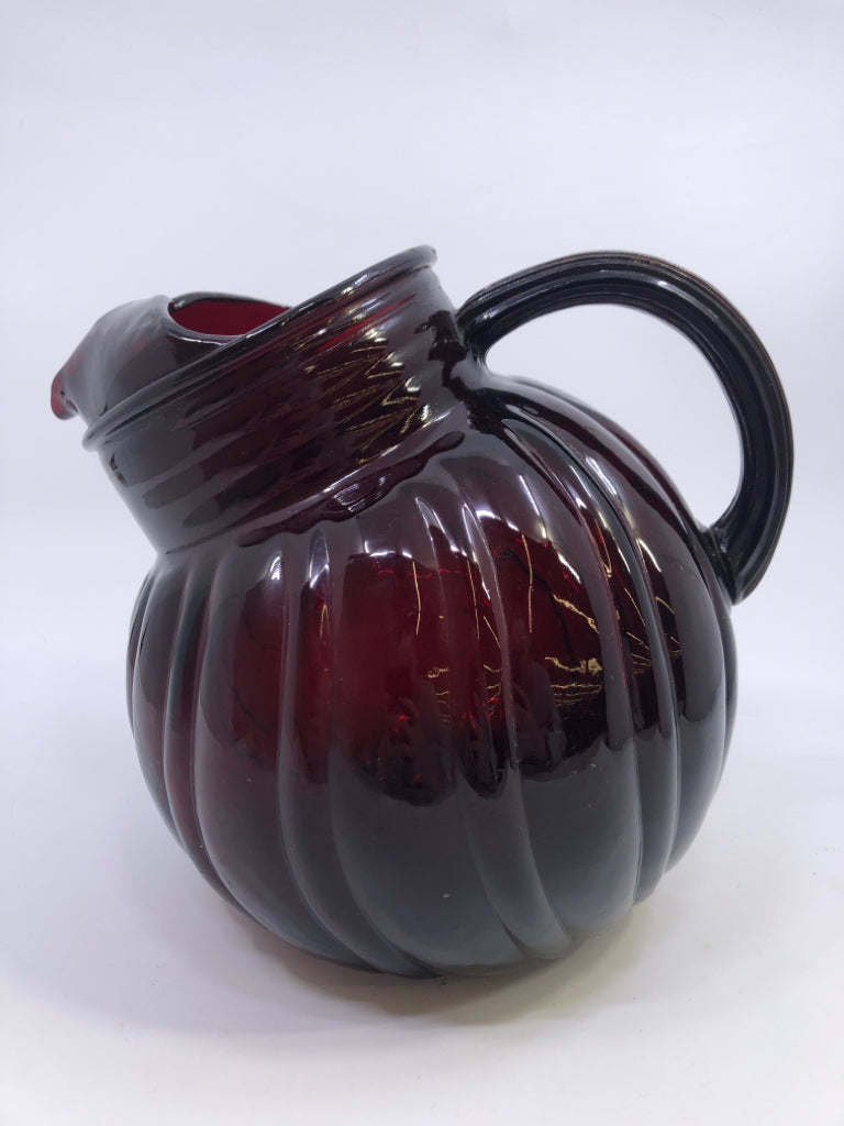VTG SLANT CRANBERRY PITCHER W/ WAVY SIDES.