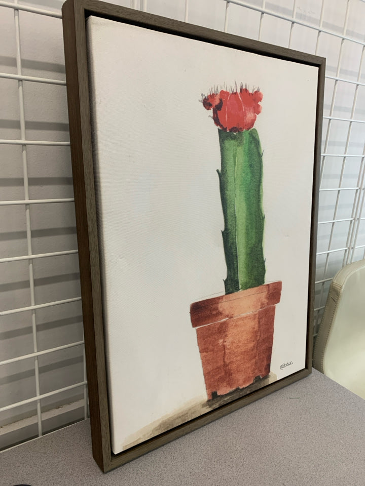 FLOWERING CACTUS CANVAS W/BROWN FRAME.