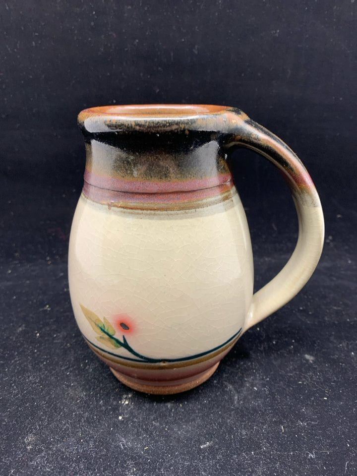 LARGE POTTERY MUG W/ BROWN+ MAROON TOP+BOTTOM.