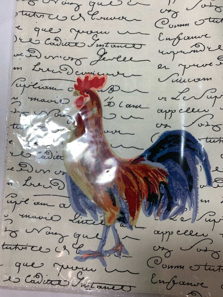 NIP PLACEMATS WHITE/BLACK WRITING COLORFUL HENS.