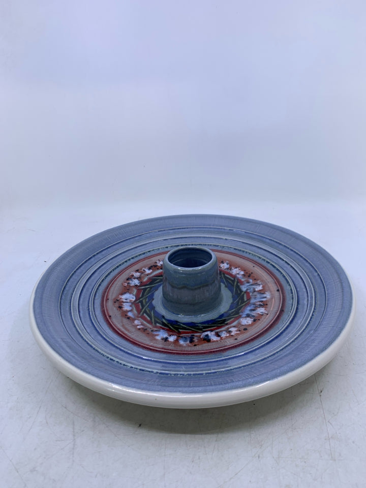 LARGE BLUE W/ RED DETAILS FLOWER FROG VASE.