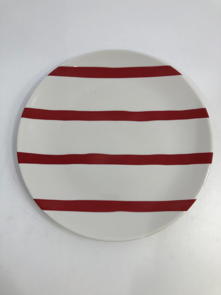 8 RED/WHITE STRIPE DESSERT PLATES.