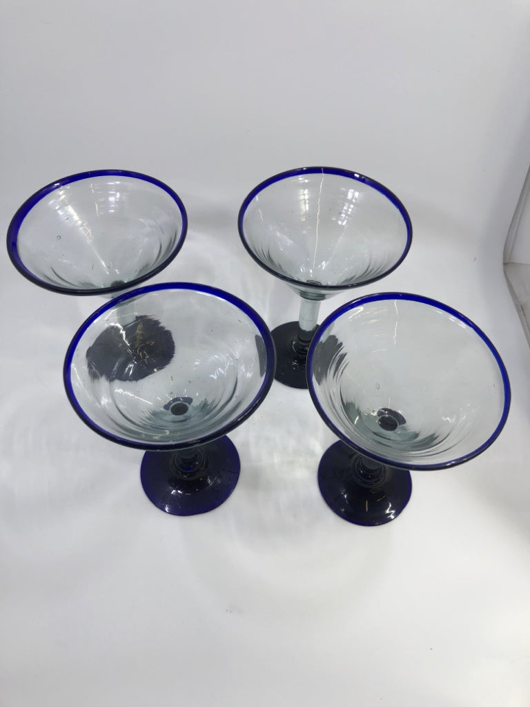 4PC BLUE RIM MARGARITA GLASSES.