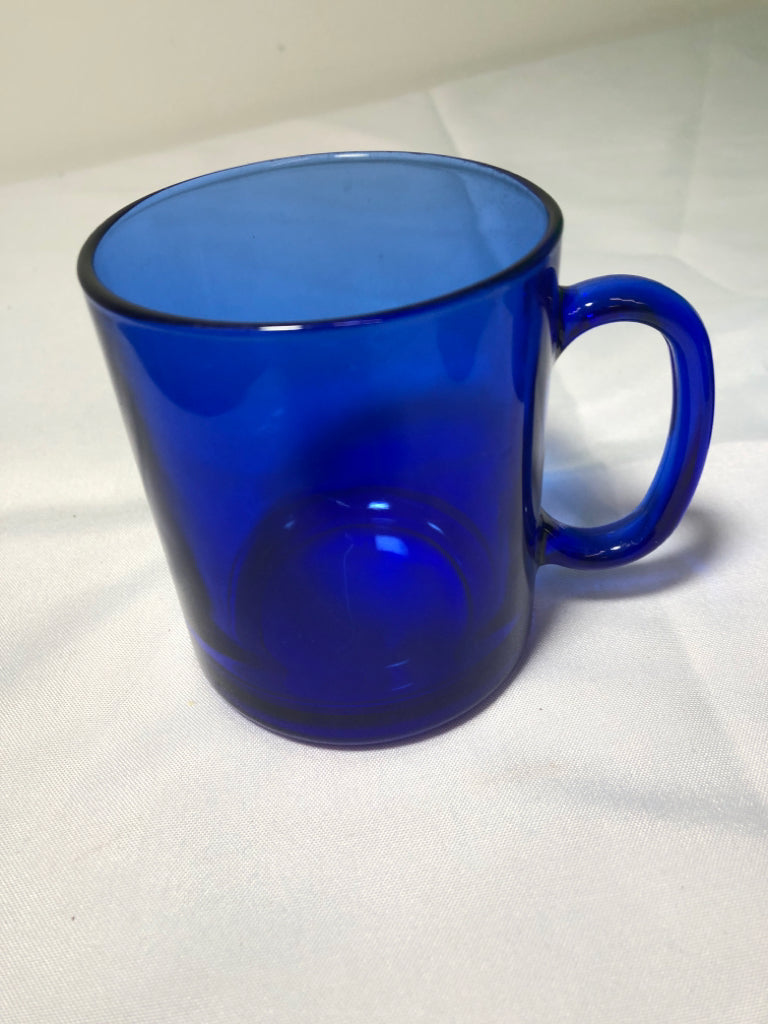 4 COBALT BLUE GLASS MUGS.