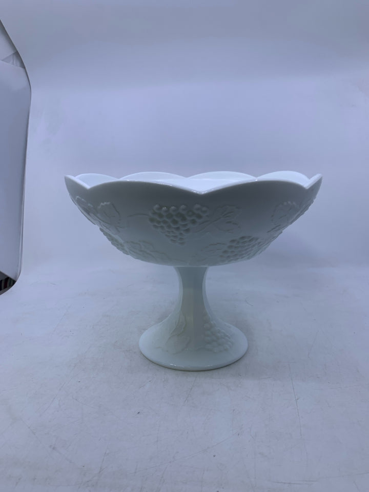 VTG MILK GLASS PEDESTAL BOWL W/ EMBOSSED GRAPES.