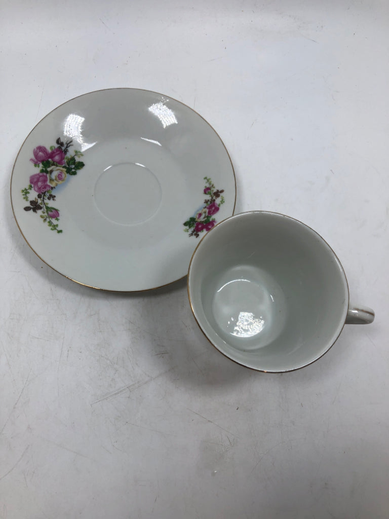 PINK FLORAL TEACUP/SAUCER.