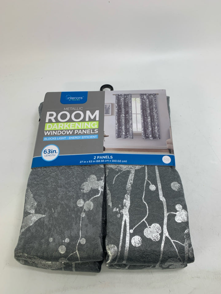 NIP GRAY METALLIC FLORAL CURTAIN PANELS.