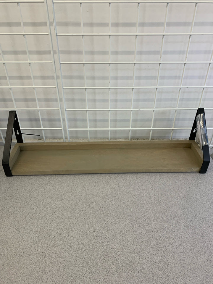 GREY WOOD SHELF W/BLACK METAL HANGER.