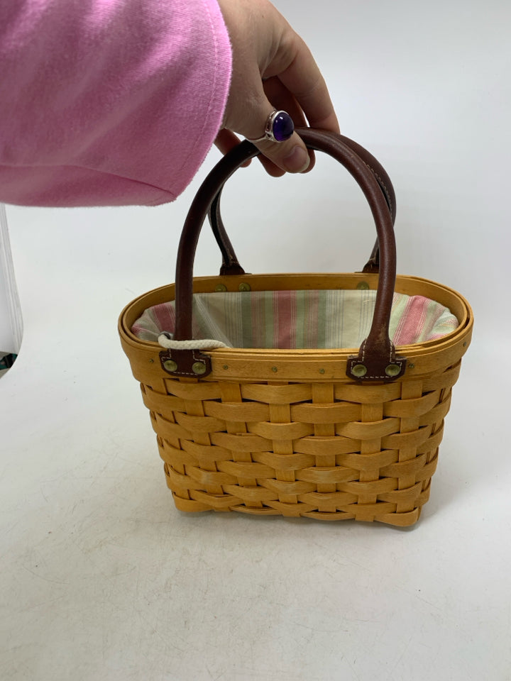 VTG LONGABERGER SMALL BOARDWALK BASKET TOTE W/ DRAWSTRING STRIPED LINER & PROTEC