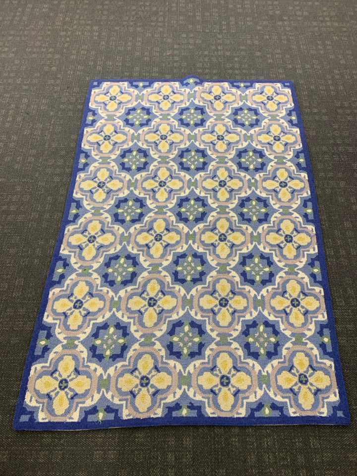 BLUE AND YELLOW EMBROIDERED PATTERN AREA RUG.