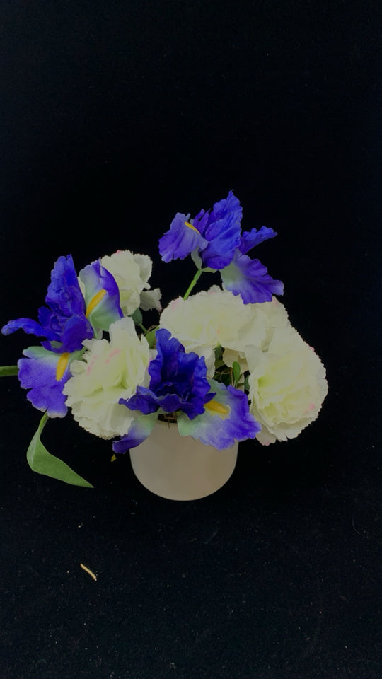 FAUX BLUE IRIS & WHITE CARNATION ARRANGEMENT.