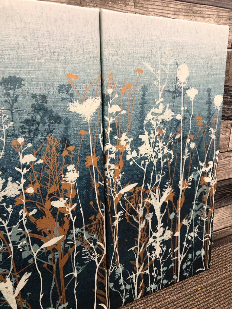 3PC TEAL CANVAS W/TAN AND GOLD WILDFLOWERS.