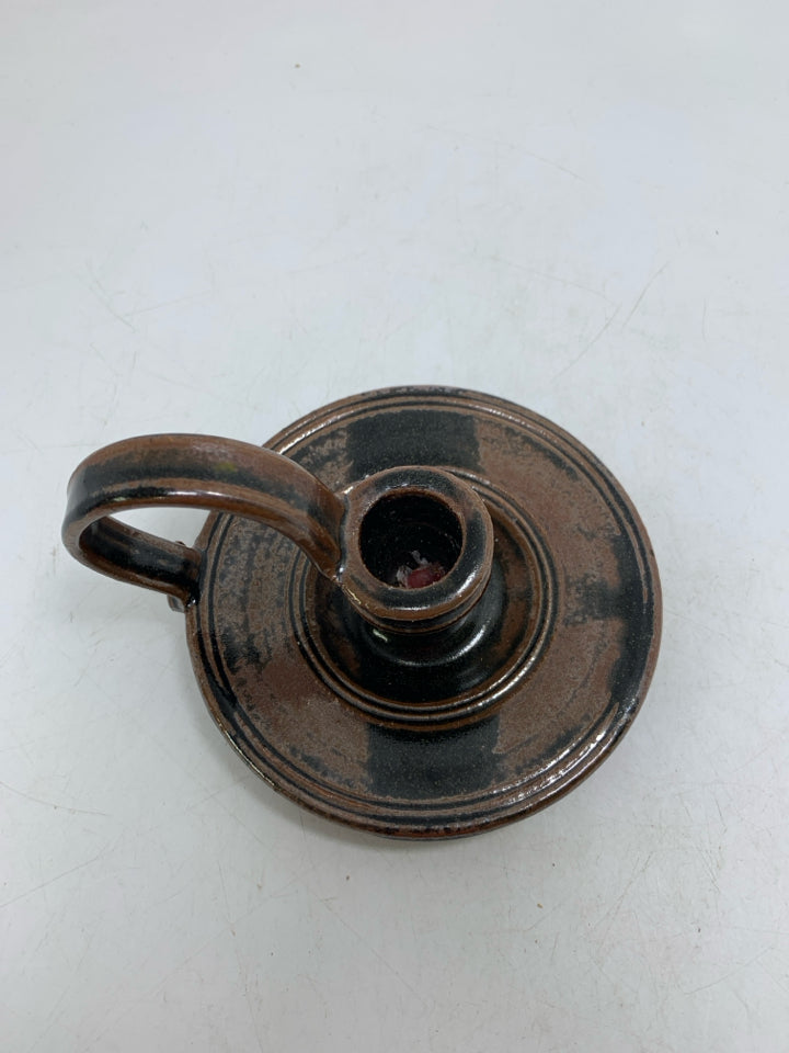 SHORT BROWN/BLACK TAPERED CANDLE HOLDER POTTERY.