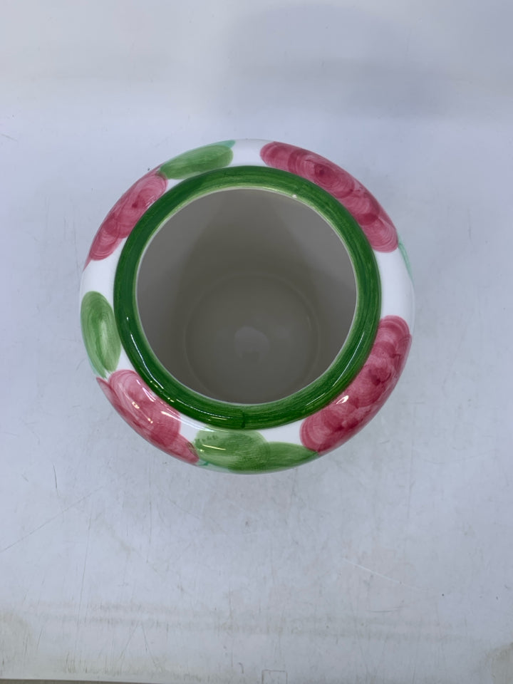 WHITE CERAMIC VASE W/ PINK FLOWERS GREEN SPOTS.