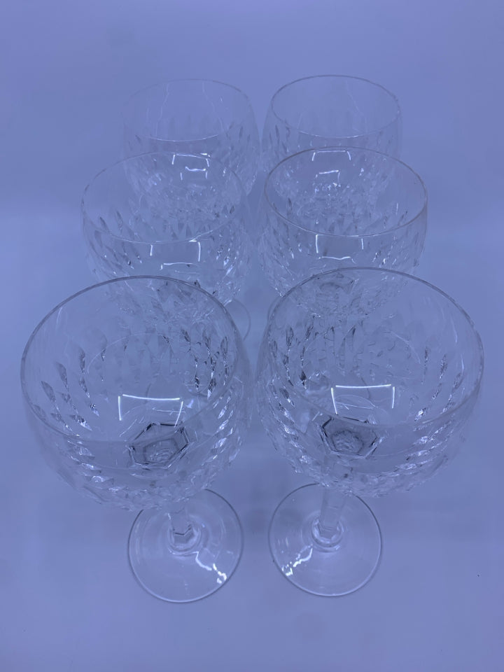 6 CUT GLASS BULB WINE GLASSES.
