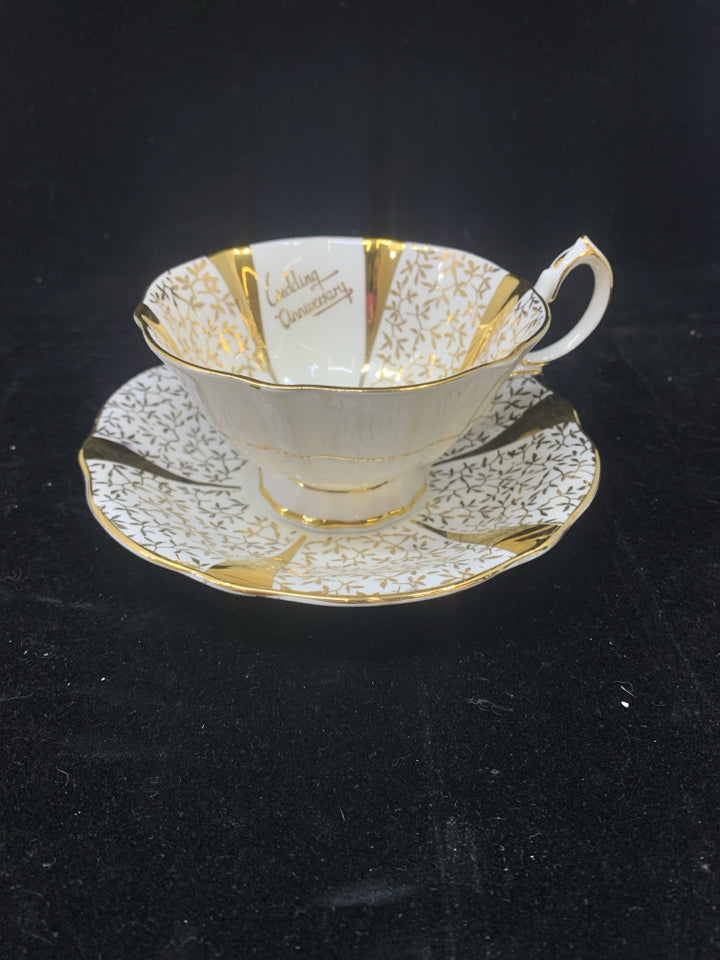 VTG WHITE W/GOLD WEDDING ANNIVERSARY TEA CUP & SAUCER-PRINCESS ANNE.