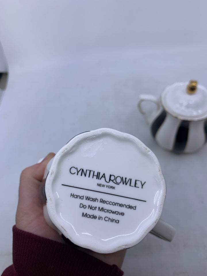 BLACK/WHITE STRIPED SUG/CREAMER W/ GOLD EDGE.