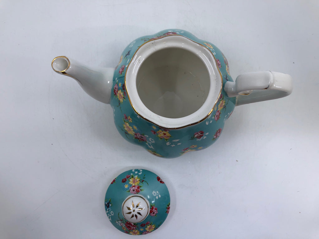 AQUA TEA POT W/ YELLOW/RED ROSES.