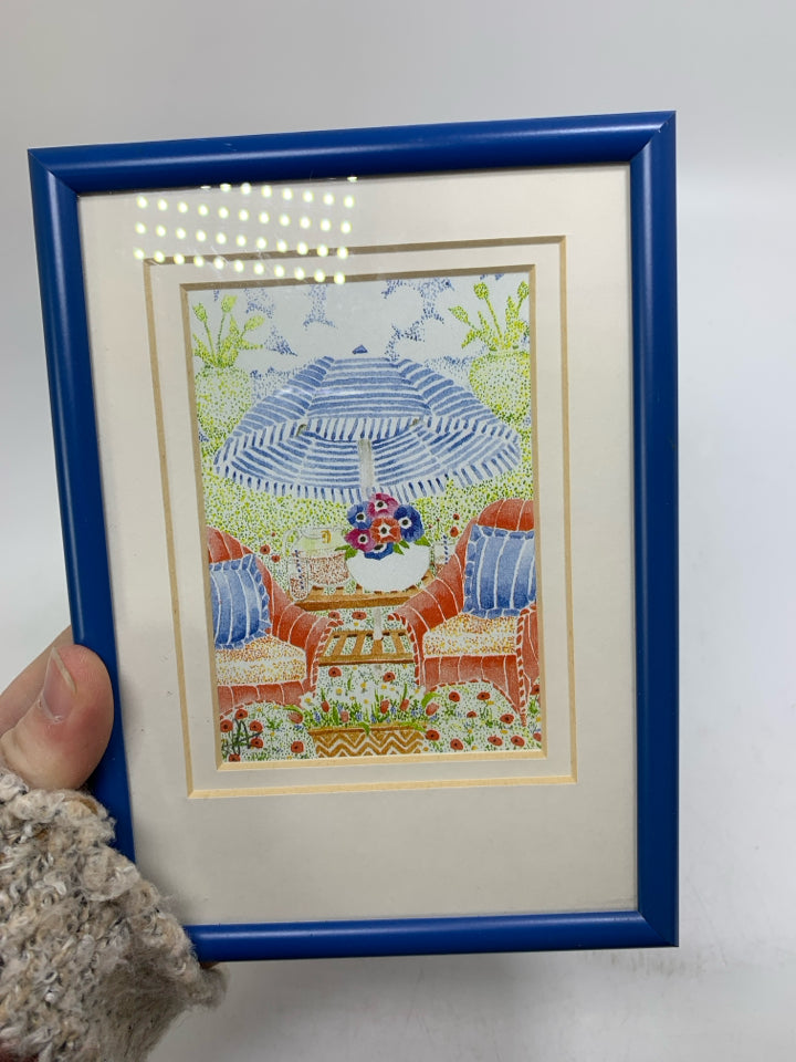 SMALL WATERCOLOR CHAIRS W/ UMBRELLA BLUE METAL FRAME.