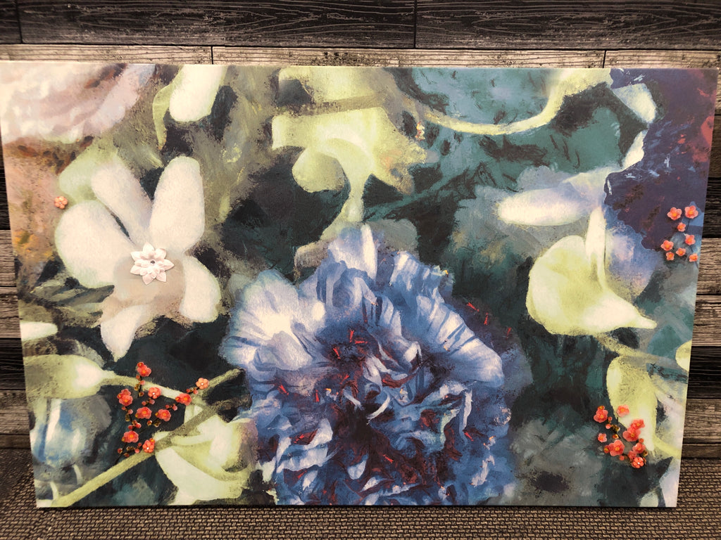 FLORAL CANVAS W/BLUE FLOWERS AND RED ACCENTS.