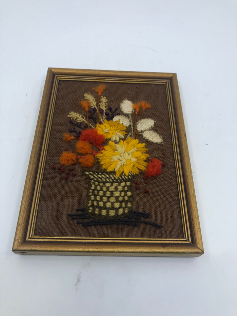 VTG EMBROIDERED FLOWERS IN A FRAME.