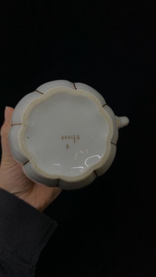 VTG GOLD RIBBED ORANGE SPOUT PORCELAIN PITCHER.