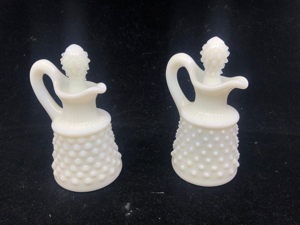 2 VTG MILK GLASS HOBBNAILED OIL AND VINEGAR EMPTY BOTTLE W STOPPERS.