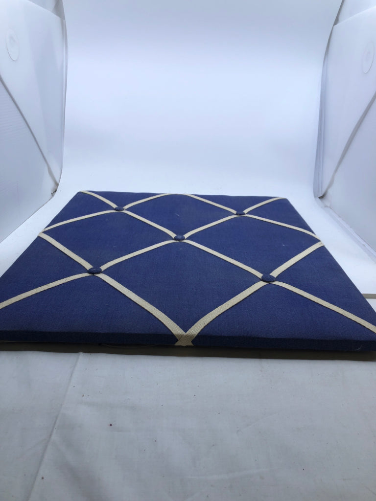 BLUE AND WHITE FABRIC CORK BOARD WALL ART.