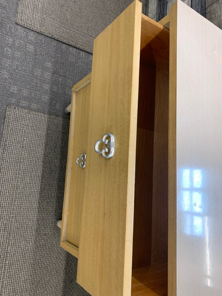 VTG BLONDE DESK W 3 DRAWERS.