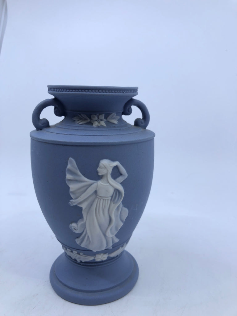 VTG MATTE BLUE EMBOSSED GIRL URN/VASE- JAPAN.