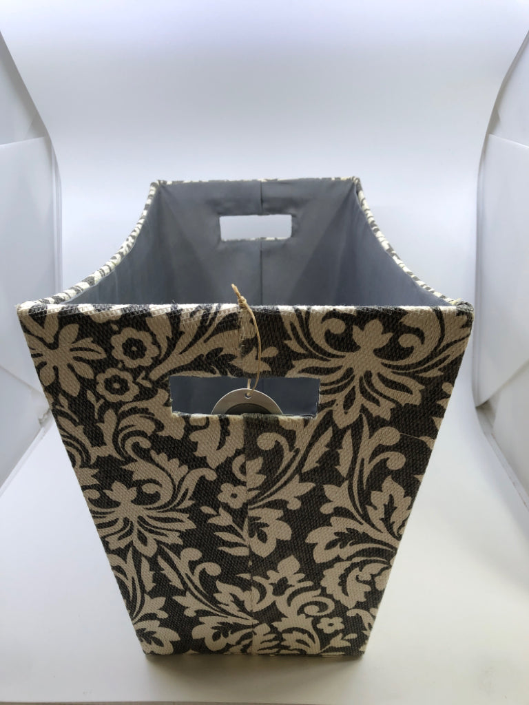 RECTANGULAR GREY FABRIC BIN W/WHITE FLORAL.