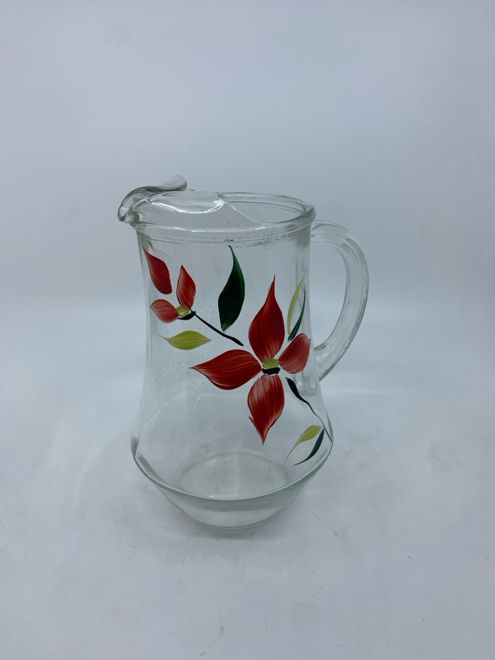 VTG RED FLORAL PAINTED PITCHER.