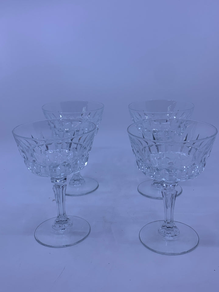 4 CUT GLASS COUPE WINE GLASSES.