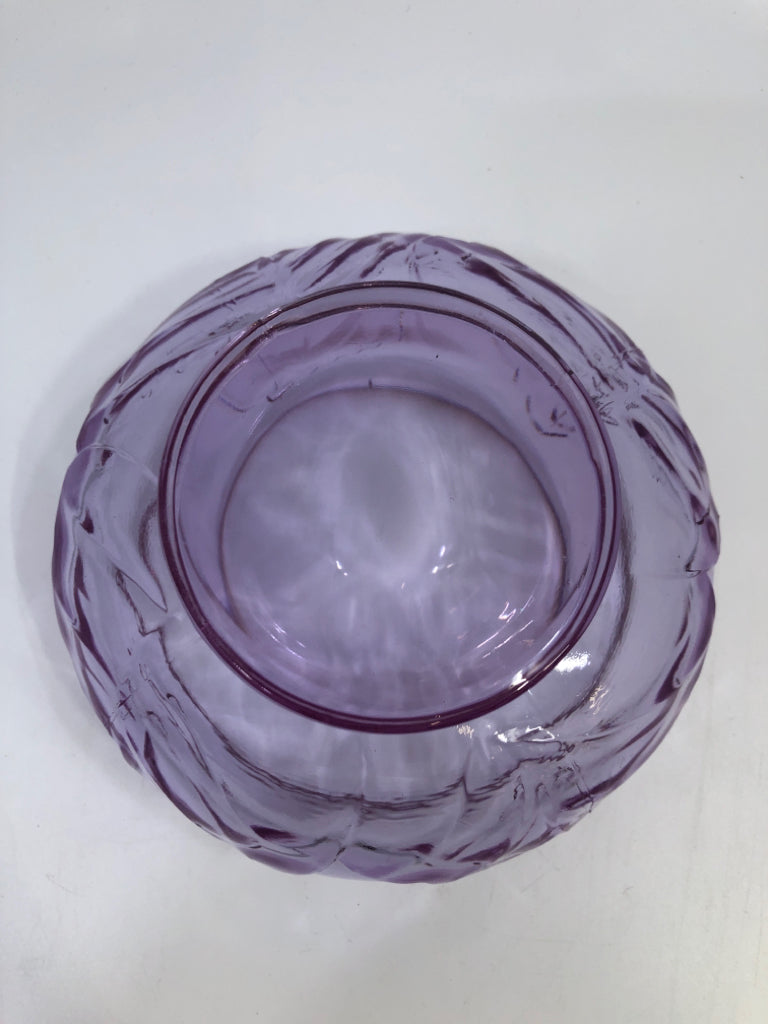 PURPLE GLASS CONTAINER W/LID & EMBOSSED LEAVES.