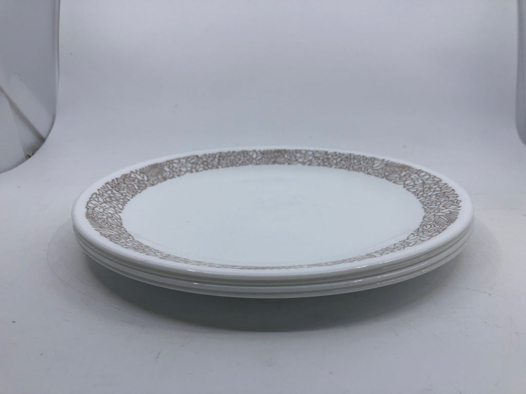 4 BROWN FLORAL PATTERN CORELLE DINNER PLATES.