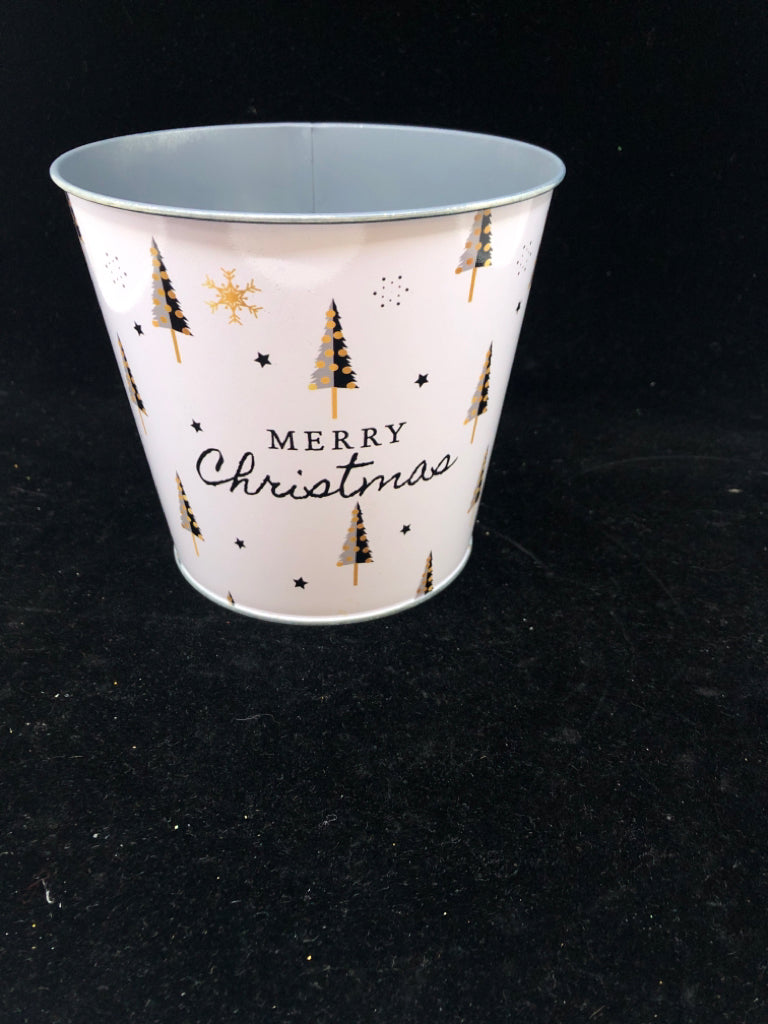 "MERRY CHRISTMAS" WHITE METAL BUCKET-BLACK/GOLD TREES.