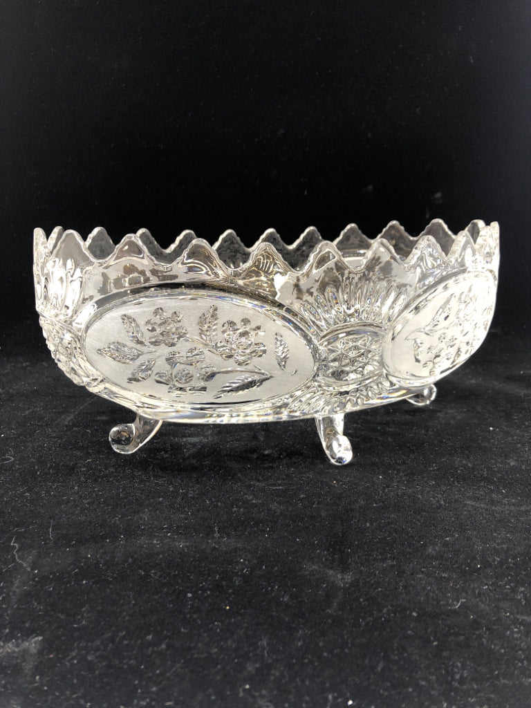 FOOTED OVAL CUT GLASS CANDY DISH W/EMBOSSED FLOWERS.