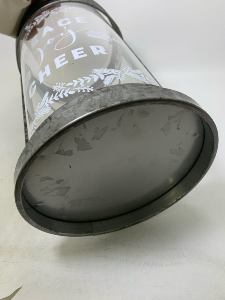 LARGE GALVANIZED PEACE JOY CHEER GLASS INSERT CANDLE HOLDER.