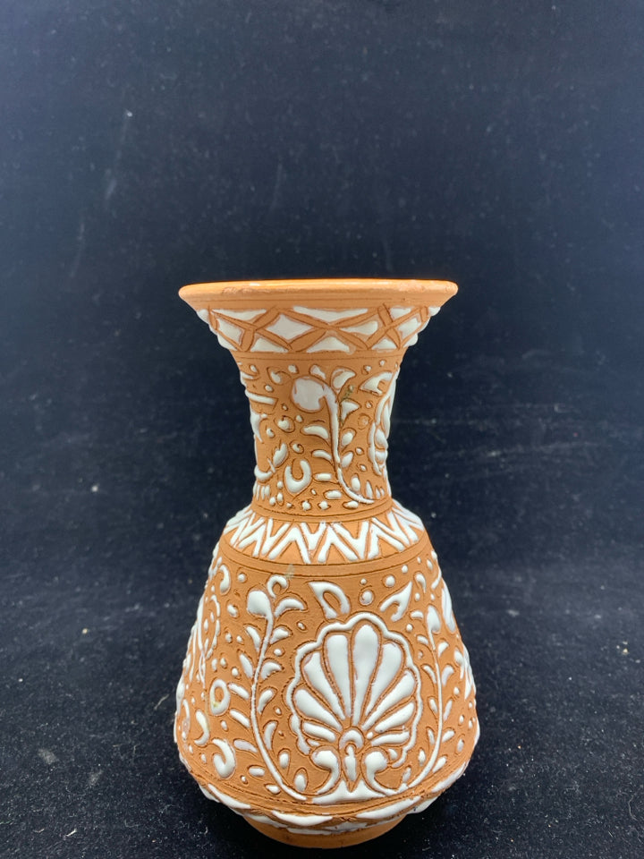 TERRA COTTA EMBOSSED W WHITE VASE.