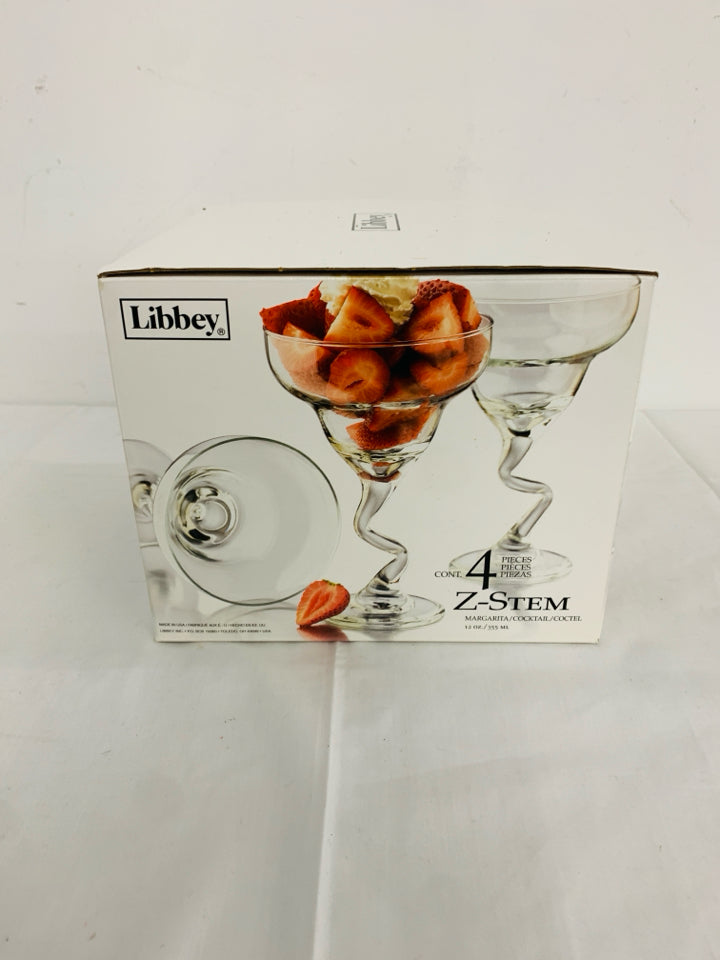 NIB 4 Z STEM MARGARITA GLASSES.