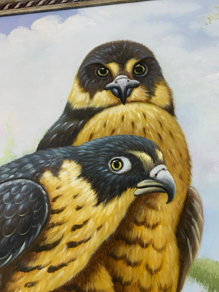FALCONS ON BRANCH FRAMED PAINTING.