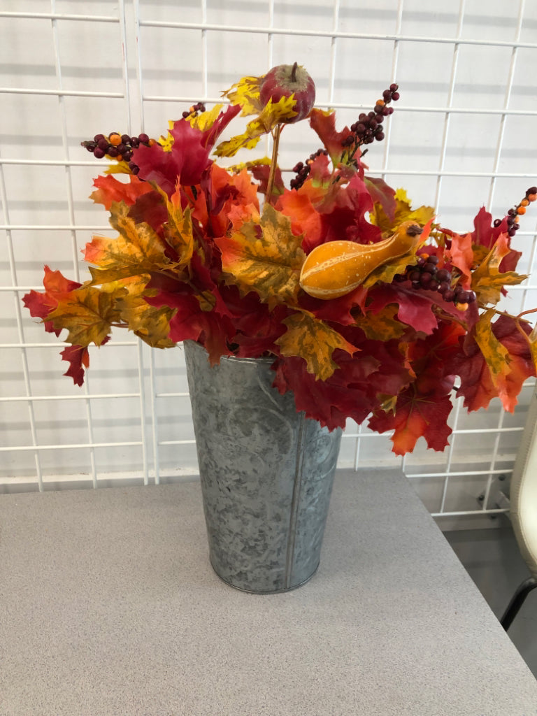 FALL FLORALS IN METAL PLANTER.