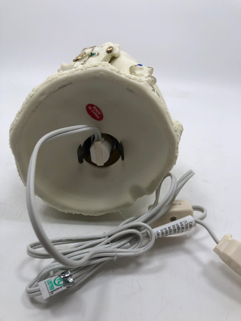 IVORY LIGHT UP SANTA W/ SNOWMAN/REINDEER JEWELED BOTTOM LIGHT.
