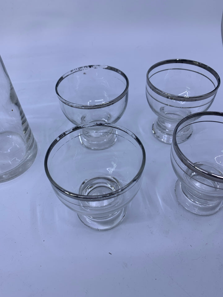 8 PC SVC 6 DECANTER DRINK SET W/ STIRRER CLEAR GLASS/SLIVER DETAILS.