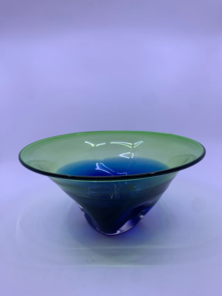 BLUE GREEN OMBRE BOWL W THUMB PRINTS.